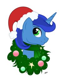 Size: 1670x2096 | Tagged: safe, artist:princessmoonsilver, oc, oc:emerald, pony, unicorn, bust, christmas, christmas wreath, clothes, hat, holiday, horn, male, portrait, santa hat, scarf, simple background, solo, stallion, transparent background, wreath