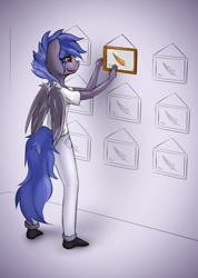 Size: 3866x5416 | Tagged: safe, artist:tarhoon sunflare, oc, oc only, oc:pixi feather, pegasus, anthro, plantigrade anthro, black socks, clothes, feather, female, gradient background, indoors, picture, picture frame, room, socks, solo, wings