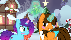 Size: 3000x1698 | Tagged: safe, artist:punkieprimeape1, misty brightdawn, oc, oc:ej, alicorn, pony, unicorn, g4, g5, alicorn oc, blushing, canon x oc, christmas, christmas tree, duo, duo male and female, female, g5 to g4, generation leap, holiday, horn, male, outdoors, rebirth misty, shipping, snow, tree, wings