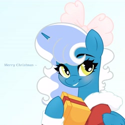 Size: 6890x6890 | Tagged: safe, artist:riofluttershy, oc, oc only, oc:fleurbelle, alicorn, pony, alicorn oc, blushing, bow, clothes, coat, female, gradient background, hair bow, hearth's warming, horn, looking at you, mare, pink bow, present, smiling, solo, text, two toned hair, two toned mane, wingding eyes, wings, yellow eyes