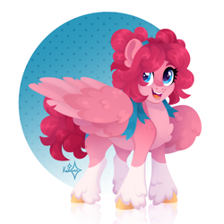 Size: 3000x3000 | Tagged: safe, artist:kabuvee, pinkie pie, pegasus, pony, g4, alternate hairstyle, coat markings, colored hooves, colored wings, colored wingtips, countershading, ear fluff, female, fluffy, fluffy wings, freckles, hooves, mare, one wing out, open mouth, open smile, pale belly, pegasus pinkie pie, race swap, smiling, socks (coat markings), solo, standing, unshorn fetlocks, wings