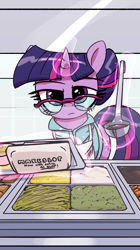 Size: 1080x1926 | Tagged: safe, artist:vultraz, twilight sparkle, pony, unicorn, g4, alternate hairstyle, apron, cafeteria, clothes, female, glasses, horn, indoors, ladle, levitation, looking at you, magic, mare, ponerpics import, shirt, slop, solo, telekinesis, tray