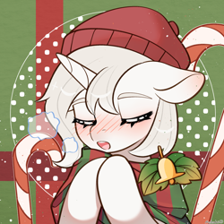 Size: 2000x2000 | Tagged: safe, artist:frostmoon, oc, oc only, oc:零洛, pony, unicorn, bell, blush lines, blushing, candy, candy cane, eyes closed, female, food, horn, mare, open mouth