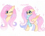 Size: 2048x1638 | Tagged: safe, artist:petaltwinkle, fluttershy, pegasus, pony, g4, my little pony: friendship is magic, 2024, clothes, cute, digital art, eye clipping through hair, female, folded wings, long hair, looking at you, mare, one eye closed, scarf, shyabetes, signature, simple background, smiling, solo, sparkles, white background, wings, wink, winking at you