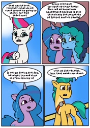 Size: 1131x1600 | Tagged: safe, artist:delilah1_riley, hitch trailblazer, izzy moonbow, misty brightdawn, zipp storm, earth pony, pegasus, pony, unicorn, comic:pipp the poltergeist, fanfic:pipp the poltergeist, g5, my little pony: tell your tale, comic, commission, dialogue, fanfic art, female, horn, implied sprout cloverleaf, male, mare, outdoors, stallion