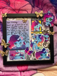 Size: 1536x2048 | Tagged: safe, artist:madshyarts, misty brightdawn, butterfly, pony, unicorn, g5, autograph, bahia watson, bingo heeler, bluey, bluey heeler, chibi, collage, craft, female, glasses, great moments in animation, heartwarming, horn, irl, looking at you, mare, misty brightdawn's cutie mark, multeity, nervous, photo, picture frame, plushie, rebirth misty, riding, riding a pony, smear frame, solo focus, text