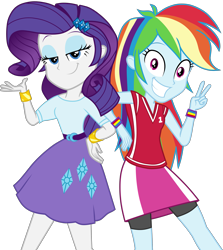 Size: 3575x4000 | Tagged: safe, artist:octosquish7260, rainbow dash, rarity, human, dashing through the mall, equestria girls, equestria girls specials, g4, my little pony equestria girls: holidays unwrapped, belt, bracelet, clothes, compression shorts, cutie mark on clothes, diamond, duo, duo female, female, jersey, jewelry, shirt, simple background, skirt, smiling, t-shirt, teenager, transparent background, wristband