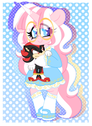 Size: 1462x2000 | Tagged: safe, artist:ladylullabystar, oc, oc:lady lullaby star, unicorn, semi-anthro, clothes, cute, dress, female, glasses, horn, mary janes, multicolored hair, ocbetes, passepartout, patterned background, pink hair, plushie, polka dot background, shadow the hedgehog, shoes, smiling, solo, sonic the hedgehog (series)