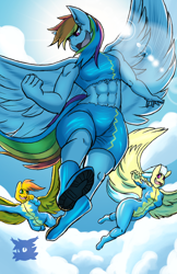 Size: 2062x3186 | Tagged: safe, artist:kaijucon, rainbow dash, pegasus, anthro, plantigrade anthro, g4, abs, belly, belly button, breasts, busty rainbow dash, clothes, female, flying, high res, lens flare, mare, midriff, muscles, muscular female, open mouth, open smile, outdoors, rainbuff dash, sky, smiling, spread wings, torn clothes, trio, uniform, wings, wonderbolts uniform