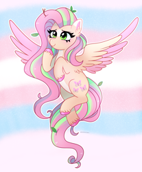 Size: 2320x2797 | Tagged: safe, artist:emera33, fluttershy, pegasus, pony, g4, alternate design, alternate eye color, alternate mane color, alternate tail color, coat markings, colored eartips, colored pinnae, colored wings, colored wingtips, cute, ear fluff, facial markings, female, green eyes, high res, leaves, leaves in hair, mare, pale belly, pink hooves, pride, pride flag, shyabetes, smiling, solo, spread wings, star (coat marking), trans female, trans fluttershy, transgender, transgender pride flag, twigs in hair, two toned wings, unshorn fetlocks, wings