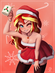 Size: 754x1000 | Tagged: safe, artist:the-park, sunset shimmer, human, equestria girls, g4, bare shoulders, breasts, busty sunset shimmer, cheers, christmas, christmas 2024, cleavage, clothes, costume, cup, female, garter belt, grin, hat, holiday, holly, human coloration, looking at you, one eye closed, santa costume, santa hat, sexy, sexy santa costume, sleeveless, smiling, socks, solo, stockings, strapless, thigh highs, wink, winking at you, zettai ryouiki