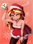 Size: 754x1000 | Tagged: safe, artist:the-park, sunset shimmer, human, equestria girls, g4, breasts, busty sunset shimmer, cheers, christmas, christmas 2024, cleavage, clothes, costume, cup, female, garter belt, grin, hat, holiday, human coloration, looking at you, one eye closed, santa costume, santa hat, sexy, sexy santa costume, smiling, socks, solo, stockings, strapless, thigh highs, wink, winking at you, zettai ryouiki