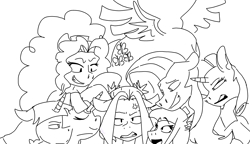 Size: 3094x1782 | Tagged: safe, adagio dazzle, aria blaze, fluttershy, rarity, sonata dusk, sunset shimmer, twilight sparkle, alicorn, earth pony, pegasus, pony, unicorn, g4, angry, annoyed, black and white, clueless, cross-popping veins, disguise, disguised siren, ears back, emanata, grayscale, harem, horn, lineart, looking at each other, looking at someone, monochrome, twilight sparkle (alicorn)