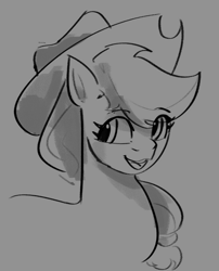 Size: 653x810 | Tagged: safe, artist:poxy_boxy, applejack, earth pony, pony, g4, bust, eye clipping through hair, female, gray background, grayscale, mare, monochrome, open mouth, open smile, simple background, sketch, smiling, solo