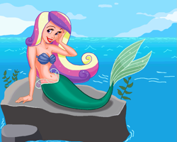 Size: 925x739 | Tagged: safe, artist:ocean lover, princess cadance, human, mermaid, g4, bare shoulders, beautiful, beautiful hair, belly, belly button, boulder, bra, clothes, cloud, crossover, cute, cutedance, disney, disney princess, disney style, female, fins, fish tail, happy, humanized, land, lips, long hair, looking at something, mermaid princess, mermaid tail, mermaidized, midriff, ms paint, multicolored hair, ocean, outdoors, pose, pretty, princess ariel, purple eyes, seashell, seashell bra, sitting, sky, smiling, solo, solo female, sparkles, sparkly hair, species swap, tail, tail fin, the little mermaid, underwear, water, wave