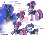 Size: 2048x1638 | Tagged: safe, artist:petaltwinkle, nightmare moon, rarity, twilight sparkle, alicorn, pony, unicorn, g4, ..., alternate cutie mark, alternate hairstyle, alternate timeline, female, magic, mare, night maid rarity, nightmare takeover timeline, paper, rarity is not amused, secretary, telekinesis, unamused, unicorn twilight