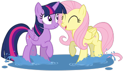 Size: 3903x2256 | Tagged: safe, artist:zslnews, fluttershy, twilight sparkle, alicorn, pegasus, pony, g4, ^^, cute, duo, duo female, eyes closed, female, looking at each other, looking at someone, mare, open mouth, puddle, shyabetes, simple background, splash, splashing, transparent background, twiabetes, twilight sparkle (alicorn), vector