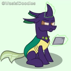 Size: 4096x4096 | Tagged: safe, artist:alejandrogmj, artist:wasisi, oc, oc:wasisi, changedling, changeling, changedling oc, changeling oc, doodle, glowing, glowing horn, green background, horn, simple background, tablet