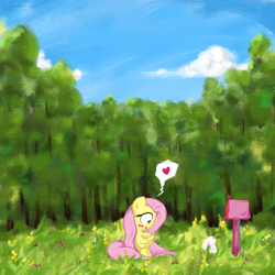 Size: 3000x3000 | Tagged: safe, artist:widelake, angel bunny, fluttershy, pegasus, pony, g4, duo, female, letter, love letter, mailbox, outdoors