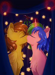 Size: 2000x2715 | Tagged: safe, artist:erein, oc, oc only, oc:carry calamity, oc:yuris, pegasus, pony, unicorn, blanket, bow, brown mane, chest fluff, christmas, duo, duo female, ear piercing, ears up, eyes closed, female, freckles, high res, holiday, horn, jewelry, kissing, lesbian, lgbt, magic, mistletoe, multicolored mane, oc x oc, pegasus oc, piercing, pink coat, romantic, shipping, stars, telekinesis, unicorn oc, wings, yellow coat