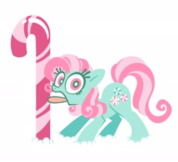 Size: 2048x1866 | Tagged: safe, artist:kyrakupetsky, minty, earth pony, pony, g3, 8 foot candy cane, candy, candy cane, female, food, looking at you, mare, oh minty minty minty, open mouth, simple background, solo, tongue out, tongue stuck, tongue stuck to pole, white background