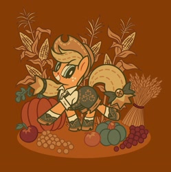 Size: 2041x2048 | Tagged: safe, artist:kyrakupetsky, applejack, earth pony, pony, g4, apple, autumn, brown background, clothes, corn, cutie mark on clothes, female, food, grapes, grin, looking at you, mare, overalls, pumpkin, shoes, simple background, smiling, smiling at you, solo, standing on two hooves, wheat