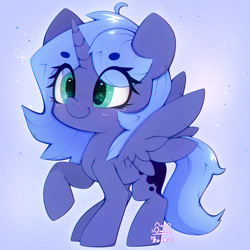 Size: 3000x3000 | Tagged: safe, artist:zokkili, princess luna, alicorn, pony, g4, beanbrows, eye clipping through hair, eyebrows, eyebrows visible through hair, female, filly, filly luna, high res, horn, raised hoof, smiling, solo, spread wings, wings, woona, younger