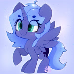 Size: 3000x3000 | Tagged: safe, artist:zokkili, princess luna, alicorn, pony, g4, beanbrows, eye clipping through hair, eyebrows, eyebrows visible through hair, female, filly, filly luna, high res, horn, raised hoof, smiling, solo, spread wings, wings, woona, younger