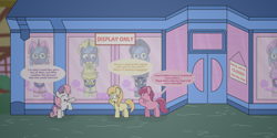 Size: 4000x2000 | Tagged: source needed, safe, artist:snowflakepone, noi, princess luna, ruby pinch, sweetie belle, alicorn, earth pony, pony, unicorn, fanfic:lulu dolls, g4, background pony, bondage, bonnet, clothes, detailed, detailed background, diaper, diaper bondage, diaper fetish, display, doll, dollie, dolly, dress, fanfic art, female, fetish, filly, foal, giggling, happy, horn, horn ring, humiliation, magic suppression, mare, nervous, outdoors, pacifier, pigtails, pink glass, ring, sad, shop, socks, speech bubble, standing, store, teary eyes, text, toy, toy store, wet diaper, window