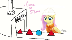 Size: 1274x720 | Tagged: safe, artist:some_ponu, fluttershy, pegasus, pony, g4, clothes, eyebrows, female, folded wings, frown, hard hat, hat, mare, meme, ms paint, signature, simple background, sitting, solo, triangle factory meme, white background, wings, working