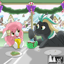 Size: 2048x2048 | Tagged: safe, artist:pookawoods-art, oc, oc only, oc:blossom, oc:sunspot, pegasus, pony, female, indoors, male, mare