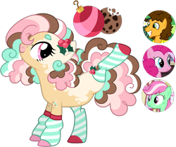 Size: 2737x2273 | Tagged: safe, artist:strawberry-spritz, cheese sandwich, minty (g4), pinkie pie, oc, earth pony, pony, g4, adoptable, base used, berries in hair, clothes, coat markings, colored ears, colored eyebrows, colored hooves, cream coat, curly mane, curly tail, earth pony oc, eyelashes, facial markings, female, female oc, freckles, fusion, fusion:cheese sandwich, fusion:minty (g4), fusion:pinkie pie, high res, holly, hooves, kicking, leg reckles, leg warmers, looking back, mare, mare oc, mismatched hooves, multicolored mane, multicolored tail, pink eyes, profile, show accurate, simple background, smiling, snip (coat marking), solo, splotches, standing, standing on three hooves, striped leg warmers, tail, transparent background