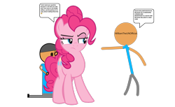 Size: 2586x1585 | Tagged: safe, artist:tawowilliamdefender, artist:williamtheofficial, pinkie pie, oc, oc:william, earth pony, human, pony, g4, angry, defending, dialogue, female, impostor, male, mare, scared, simple background, transparent background, trio