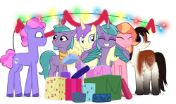 Size: 2824x1671 | Tagged: safe, artist:equestriaexploration, alula, periwinkle pi, pluto, princess erroria, shiny sparks, strawberry blonde, sugarpuff lilac, oc, oc:katabatica lee, alicorn, earth pony, pony, yakutian horse, g4, g5, alicornified, female, hug, mare, present, race swap, simple background, sparksicorn, transparent background, winghug, wings