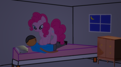 Size: 1416x789 | Tagged: safe, artist:tawowilliamdefender, artist:wiliamtheofficial, pinkie pie, oc, oc:william, earth pony, human, pony, g4, bed, female, indoors, male, mare, movie accurate, night, room, shipping