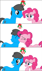 Size: 2827x4804 | Tagged: safe, artist:williamtheofficial, pinkie pie, oc, oc:william, earth pony, pony, g4, blushing, canon x oc, cheek kiss, eyes closed, female, kissing, male, mare, mistleholly, simple background, stallion, stallion oc, white background