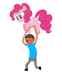 Size: 1416x1638 | Tagged: safe, artist:williamtheofficial, pinkie pie, oc, oc:william, earth pony, human, pony, g4, duo, duo male and female, female, heavy, lifting, male, mare, simple background, struggling, sweat, transparent background, weight lifting, weights