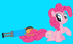 Size: 7842x4702 | Tagged: safe, artist:williamtheofficial, pinkie pie, oc, oc:william, earth pony, human, pony, g4, blue background, female, lying down, male, mare, simple background, sitting, sleeping, tail