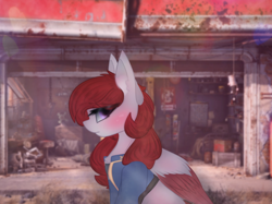 Size: 2664x1997 | Tagged: safe, artist:sodapop sprays, oc, oc only, oc:skyfire lumia, pegasus, pony, fallout equestria, bust, clothes, fallout, female, garage, jumpsuit, looking at you, mare, portrait, solo, vault suit