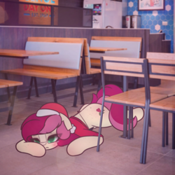 Size: 2664x2664 | Tagged: safe, alternate version, artist:sodapop sprays, roseluck, earth pony, pony, series:roseluck can't catch a break, g4, clothes, exhausted, eye clipping through hair, indoors, lying down, meme, tired, wendy's