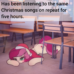 Size: 2664x2664 | Tagged: safe, artist:sodapop sprays, roseluck, earth pony, pony, series:roseluck can't catch a break, g4, caption, christmas, clothes, exhausted, eye clipping through hair, holiday, indoors, lying down, meme, text, tired, wendy's