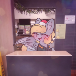 Size: 2664x2664 | Tagged: safe, artist:sodapop sprays, part of a set, derpy hooves, pegasus, pony, series:derpy can't catch a break, g4, christmas, clothes, happy, holiday, indoors, mcdonald's