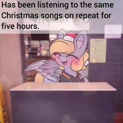 Size: 2664x2664 | Tagged: safe, artist:sodapop sprays, part of a set, derpy hooves, pegasus, pony, series:derpy can't catch a break, g4, caption, christmas, clothes, holiday, indoors, mcdonald's, meme, singing, text