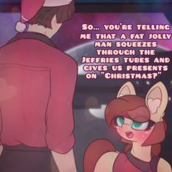 Size: 2664x2664 | Tagged: safe, artist:sodapop sprays, oc, oc:horsely, oc:naomi horsely, earth pony, human, pony, blushing, christmas, clothes, confused, female, hat, holiday, human male, looking at each other, looking at someone, male, mare, meme, redshirt, santa hat, star trek, star trek (tos), talking, text