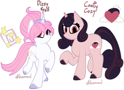 Size: 978x712 | Tagged: safe, artist:kharmacal, oc, oc only, oc:comfy cozy, oc:dizzy spell, unicorn, anatomically incorrect, colored hooves, duo, duo female, female, hair bun, hairband, headband, hooves, horn, incorrect leg anatomy, no catchlights, pink eyes, raised hoof, reference sheet, simple background, standing, standing on two hooves, transparent background, two toned mane, unshorn fetlocks