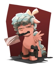 Size: 1500x2000 | Tagged: safe, artist:vanillaghosties, cozy glow, pegasus, pony, g4, butcher knife, female, filly, foal, grimcute, gun, handgun, holding a knife, holster, knife, looking at you, mouth hold, narrowed eyes, pure concentrated unfiltered evil of the utmost potency, pure unfiltered evil