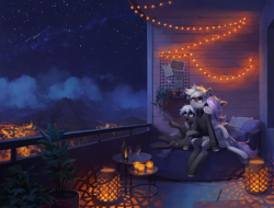 Size: 5250x4000 | Tagged: safe, artist:koviry, oc, oc only, oc:comet falls, oc:gilded, oc:lilac breeze, pegasus, pony, unicorn, balcony, city, colored, detailed background, female, horn, lantern, male, mare, night, outdoors, pegasus oc, ponies sitting like humans, relaxing, scenery, shooting star, stallion, stars, string lights, trio, unicorn oc