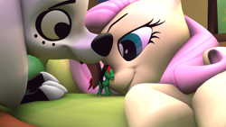 Size: 1920x1080 | Tagged: safe, artist:jeroen01, fluttershy, oc, oc:skyrim, pony, g4, 101 dalmatian street, 101 dalmatians, 3d, dolly dalmatian (101 dalmatian street), female, licking, macro, macro/micro, male, micro, size difference, tiny, tiny ponies, tongue out