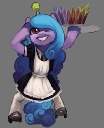 Size: 585x717 | Tagged: safe, artist:misstwipietwinsart, izzy moonbow, pony, unicorn, g5, ball, bipedal, clothes, crystal, female, gray background, grin, horn, hornball, izzy's tennis ball, looking at you, maid, mare, one eye closed, plate, roller skates, simple background, skates, smiling, solo, tennis ball, tray, unshorn fetlocks, wink