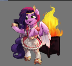 Size: 838x770 | Tagged: safe, artist:misstwipietwinsart, pipp petals, pegasus, pony, semi-anthro, g5, cellphone, clothes, female, fire, gray background, maid, mare, open mouth, phone, roller skates, simple background, skates, smartphone, solo, spread wings, unshorn fetlocks, wings